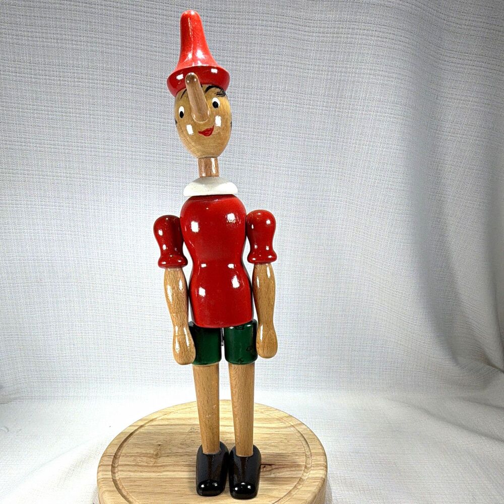 Vintage Wooden Pinocchio Jointed Puppet Doll Made in Italy Seated Display 12”